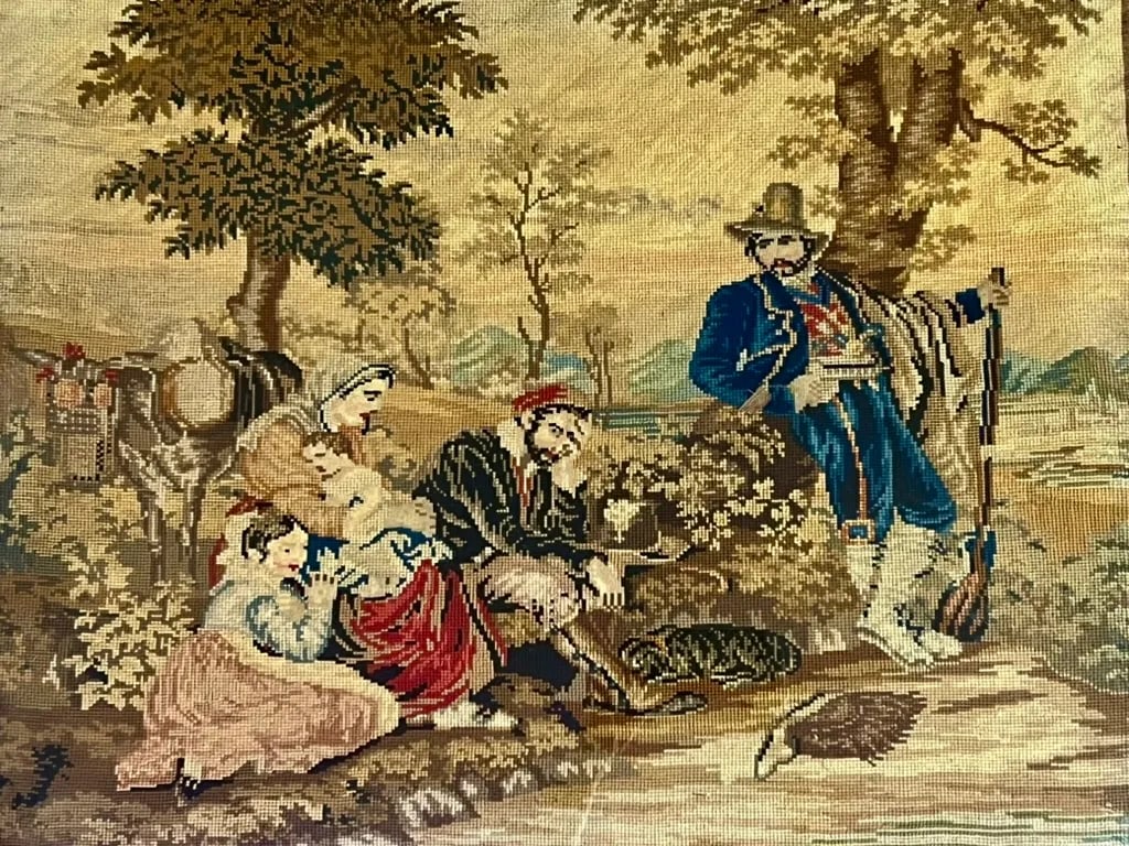 Antique Framed Needlepoint Scene-Hand Carved Pine-Victorian English 1800s-Art - 3