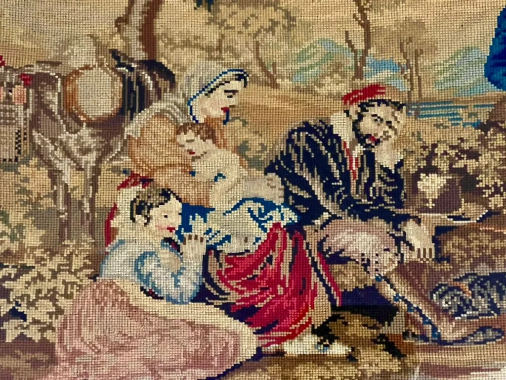 Antique Framed Needlepoint Scene-Hand Carved Pine-Victorian English 1800s-Art - 5