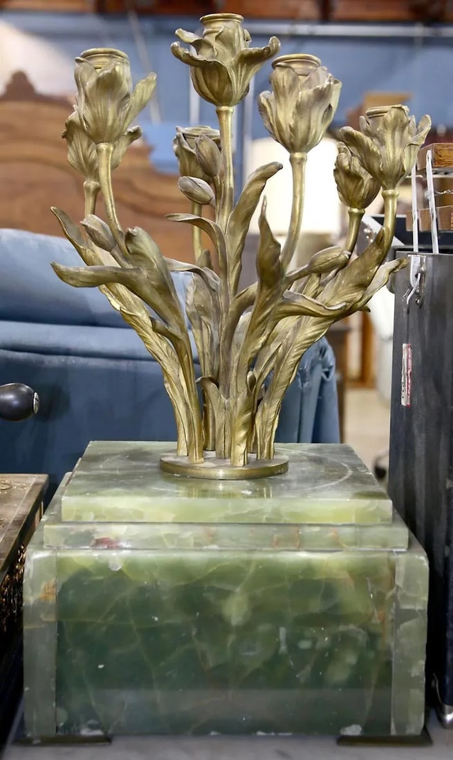 Art Nouveau Gilt Bronze 7-Light Candelabra With Green Alabaster Base - 2