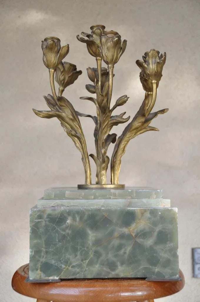Art Nouveau Gilt Bronze 7-Light Candelabra With Green Alabaster Base - 3