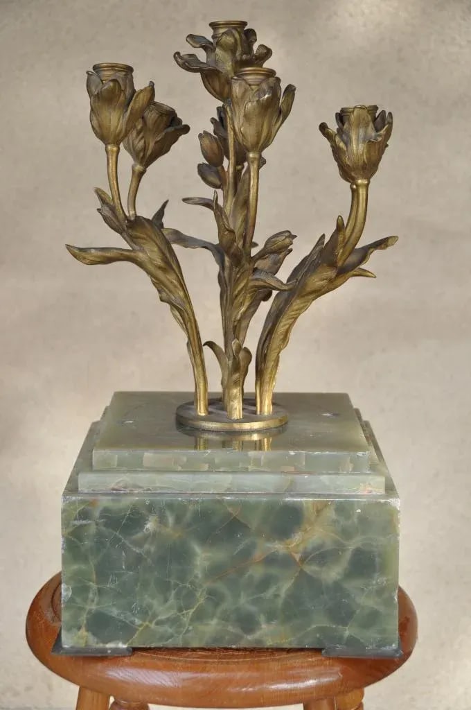 Art Nouveau Gilt Bronze 7-Light Candelabra With Green Alabaster Base - 4