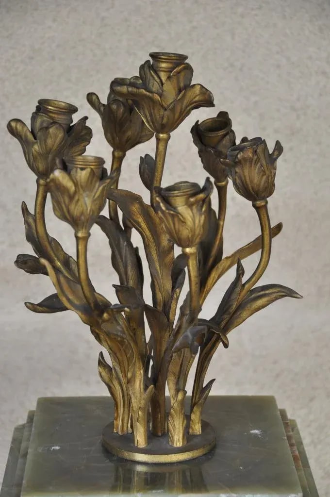 Art Nouveau Gilt Bronze 7-Light Candelabra With Green Alabaster Base - 5