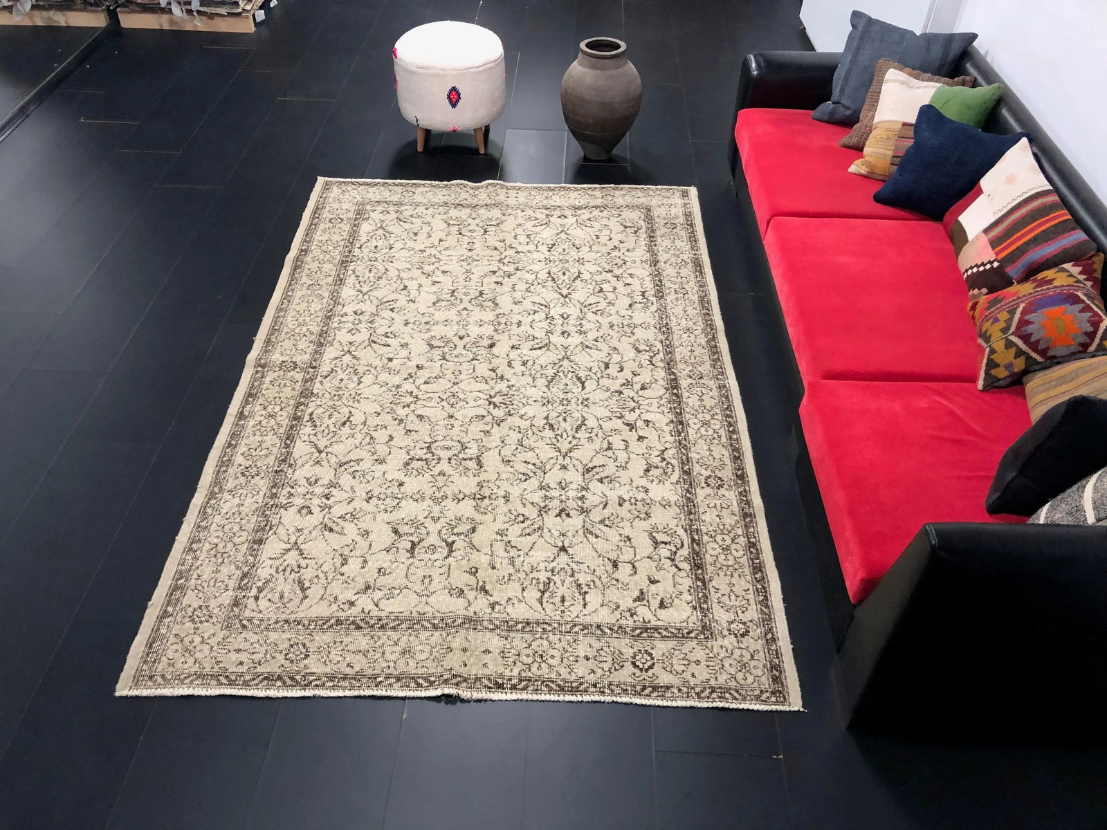 Vintage Faded Floral Design Turkish Anatolian Rug - 2