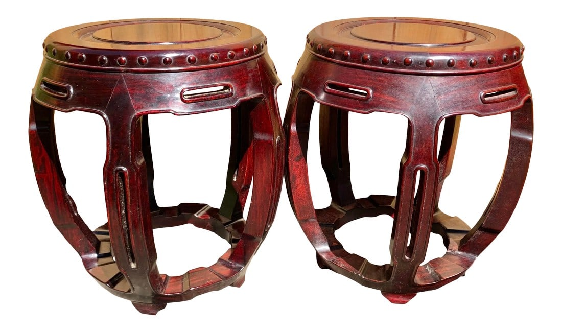 Vintage Chinese Rosewood Garden Stools-A Pair: Beautiful pair of vintage garden stools. Made of solid rosewood. Exquisite details and carving. Wonderful red color in the sun, they look mahogany in the shade or inside. Perfect for side tables, plan