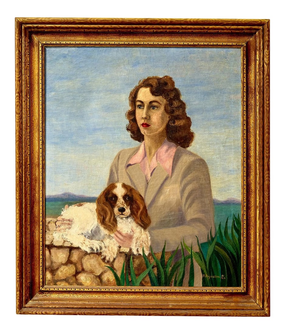 Oil on Canvas Painting of Lady With Cocker Spaniel: Beautiful oil on canvas painting of 1940s lady with her cocker spaniel dog signed H. Brynston 1942 lower right very WPA like Painting measures 28 inches wide by 34 inches high, and frame measures 35 i
