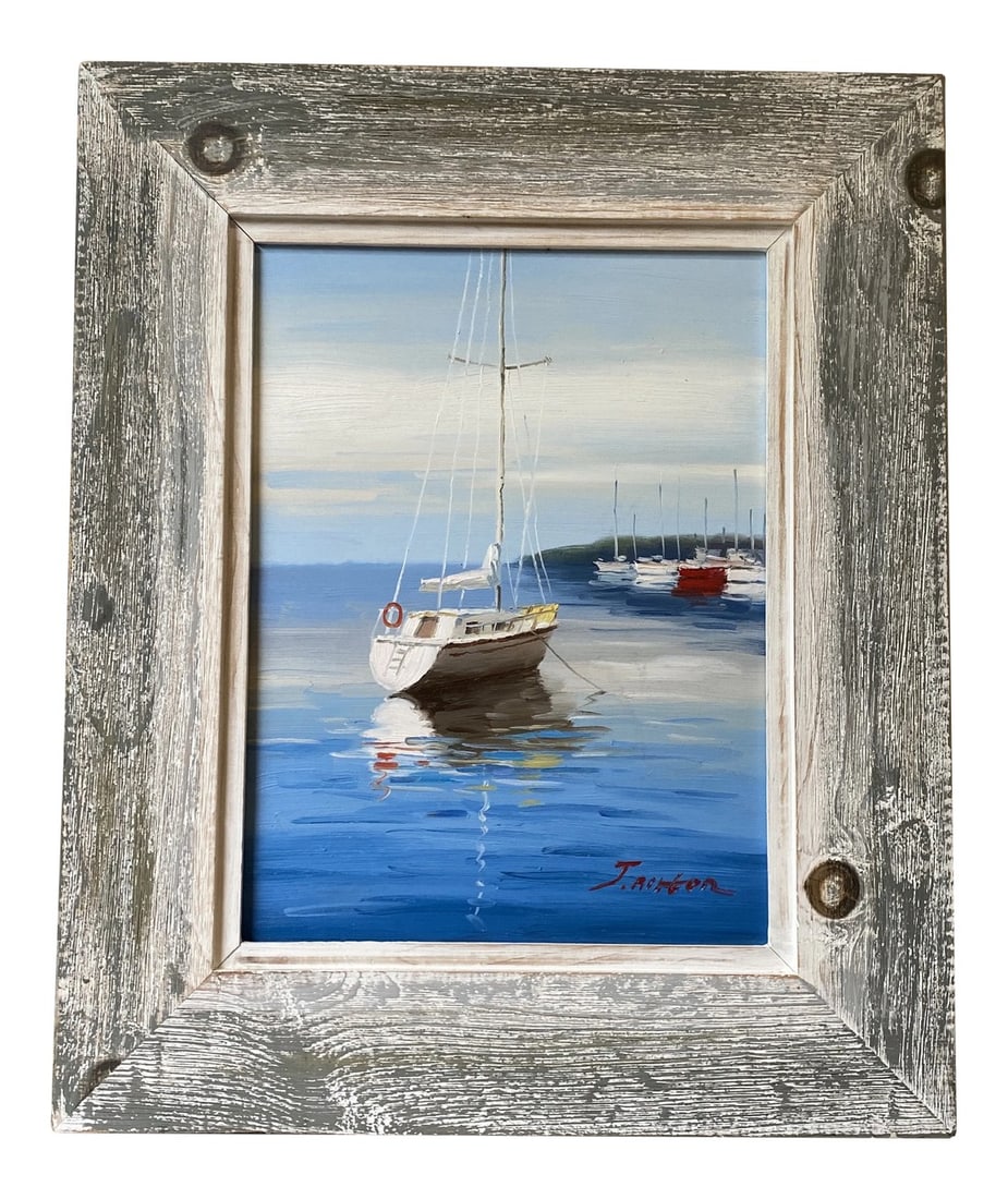 1970s Nautical Seascape Painting, Framed: Absolutely beautiful hand-painted nautical work of art with wooden frame. The boat details are stunning. Art work is signed by artist Condition: Alterations: Original Condition Unaltered Imperfections