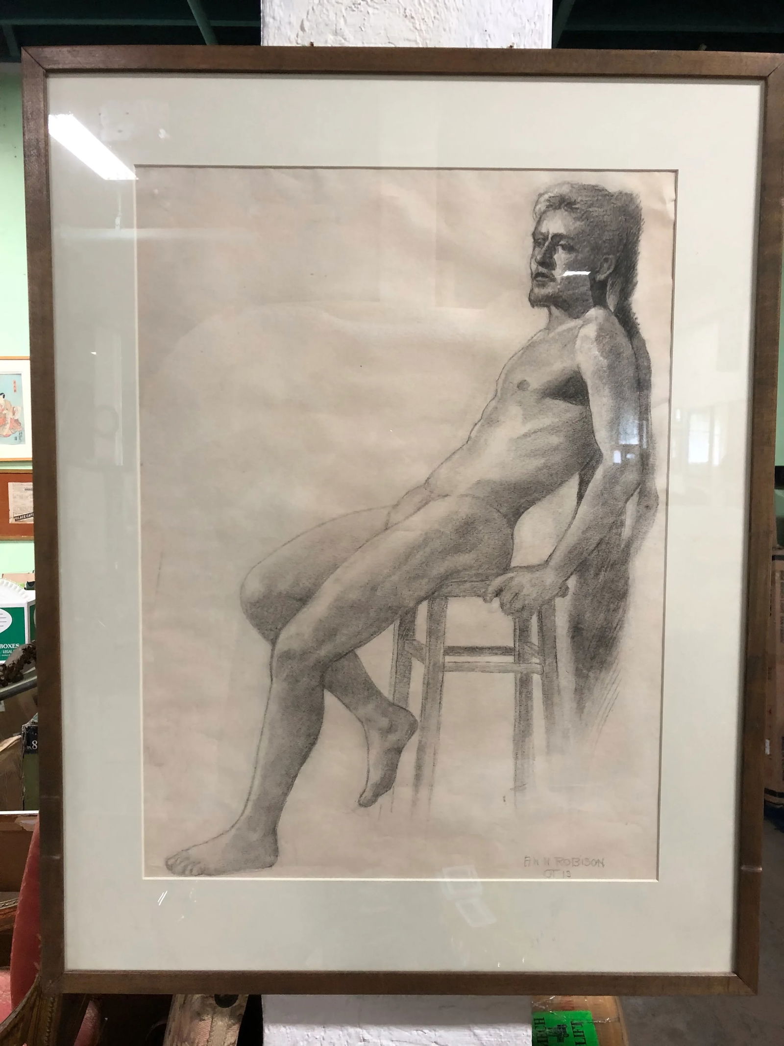 Mid 20th Century Figurative Pencil Drawing of a Seated Male Nude, Framed - 12