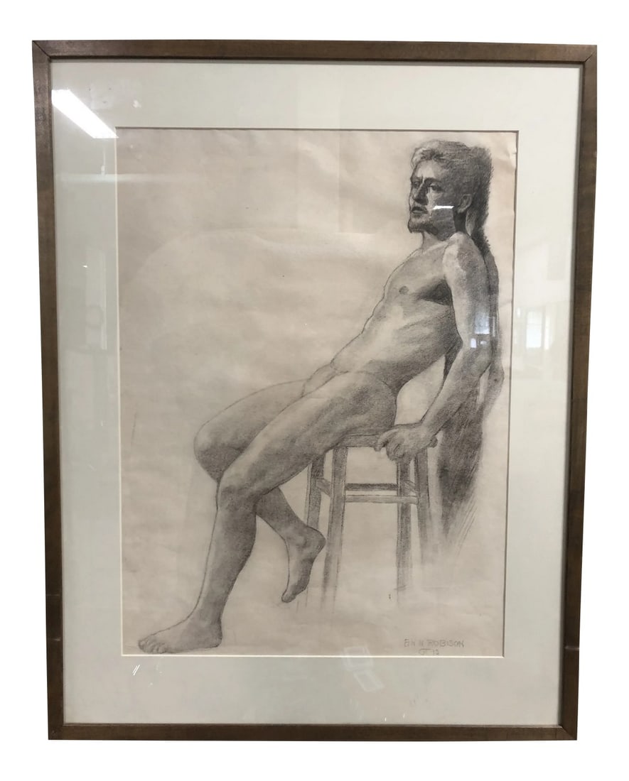 Mid 20th Century Figurative Pencil Drawing of a Seated Male Nude, Framed: Mid century pencil drawing found in a Beverly Hills estate. Signed by the artist, Ann Robison. Nicely framed. Condition: Alterations: Original Condition Unaltered Imperfections: Some Imperfections Con