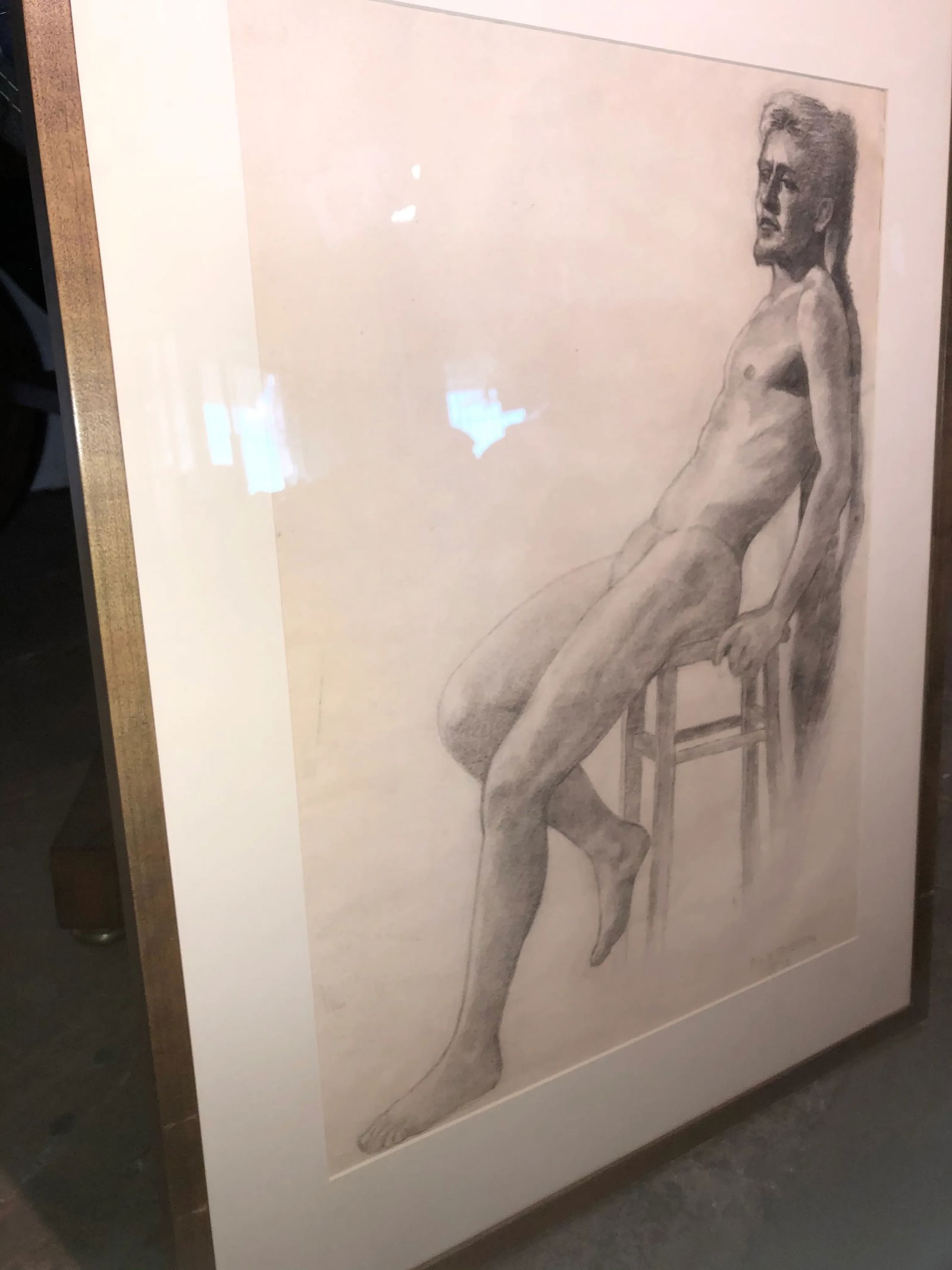 Mid 20th Century Figurative Pencil Drawing of a Seated Male Nude, Framed - 5