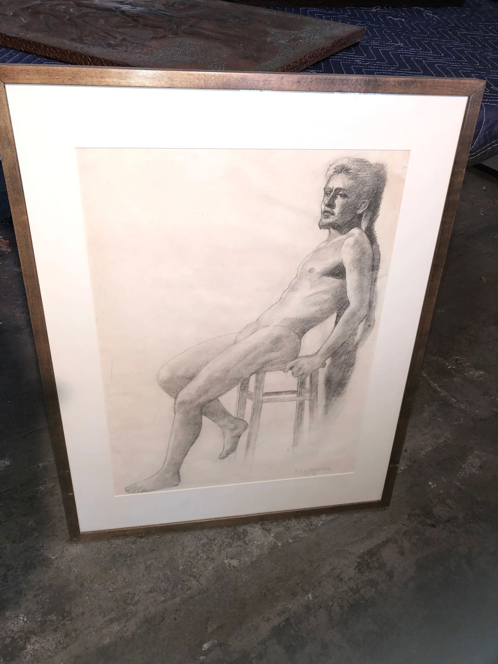 Mid 20th Century Figurative Pencil Drawing of a Seated Male Nude, Framed - 6