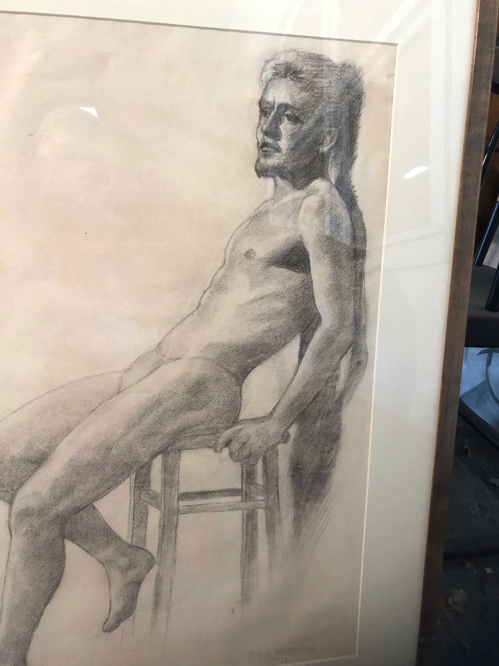 Mid 20th Century Figurative Pencil Drawing of a Seated Male Nude, Framed - 7