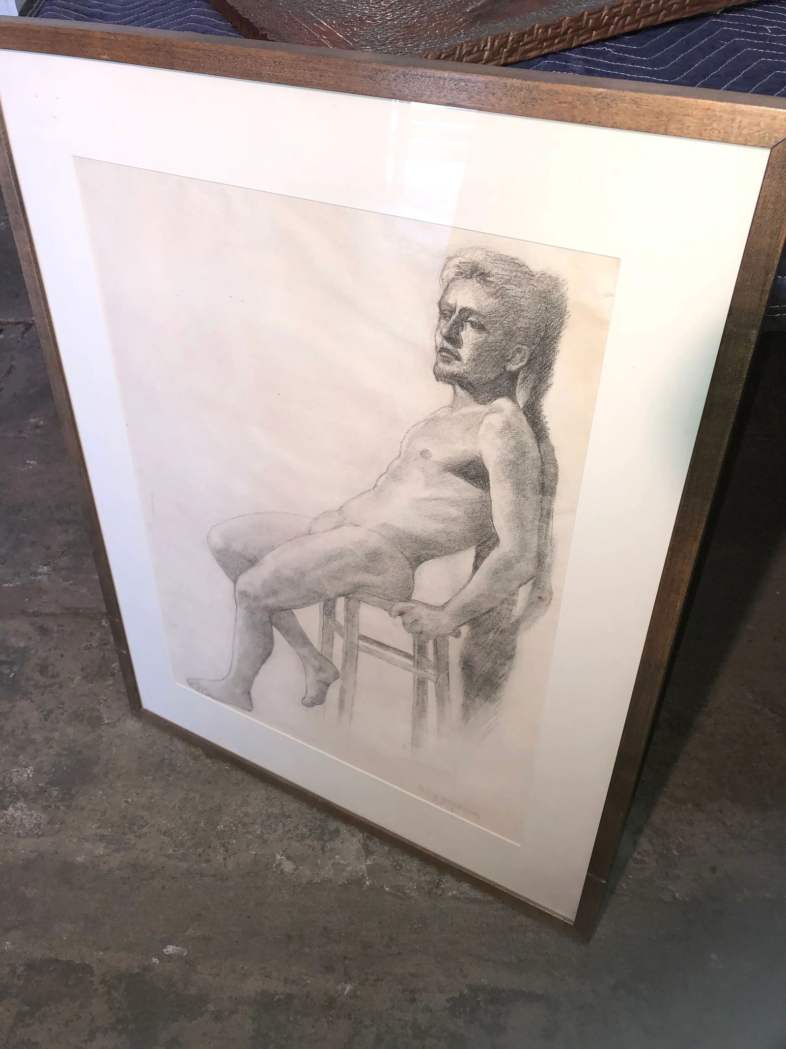 Mid 20th Century Figurative Pencil Drawing of a Seated Male Nude, Framed - 8