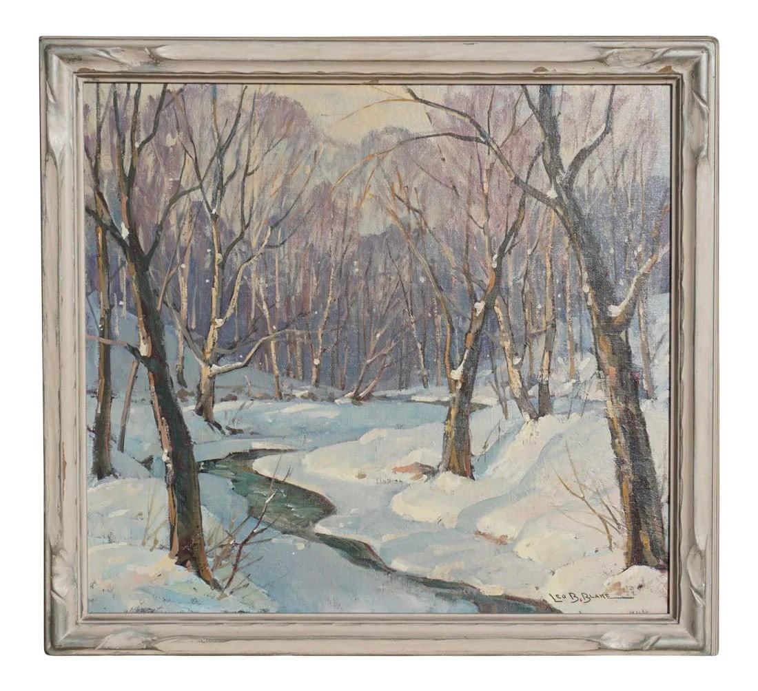 Leo B Blake New England Winter Stream Oil Painting: Winter Stream, New England, Impressionist Leo B. Blake. This winter snow river and birch tree landscape scene is reminiscent of Gruppe's Vermont or New Hampshire pieces. The white snow is piled high a