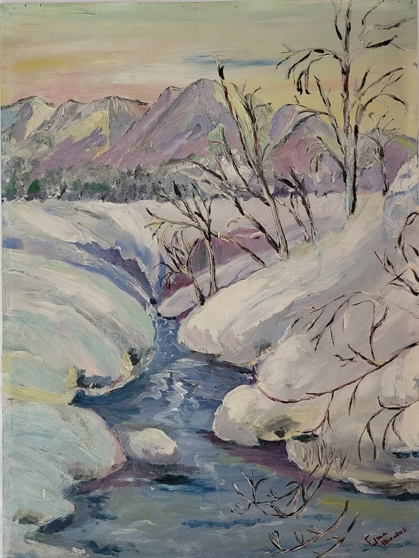 1954 Winter River Landscape Painting: This lovely plein air painting features a stream surrounded by snow and mountains in the background. This is an original 1954 painting by self proclaimed "amateur" Elma Rhoades. Condition: Alterations