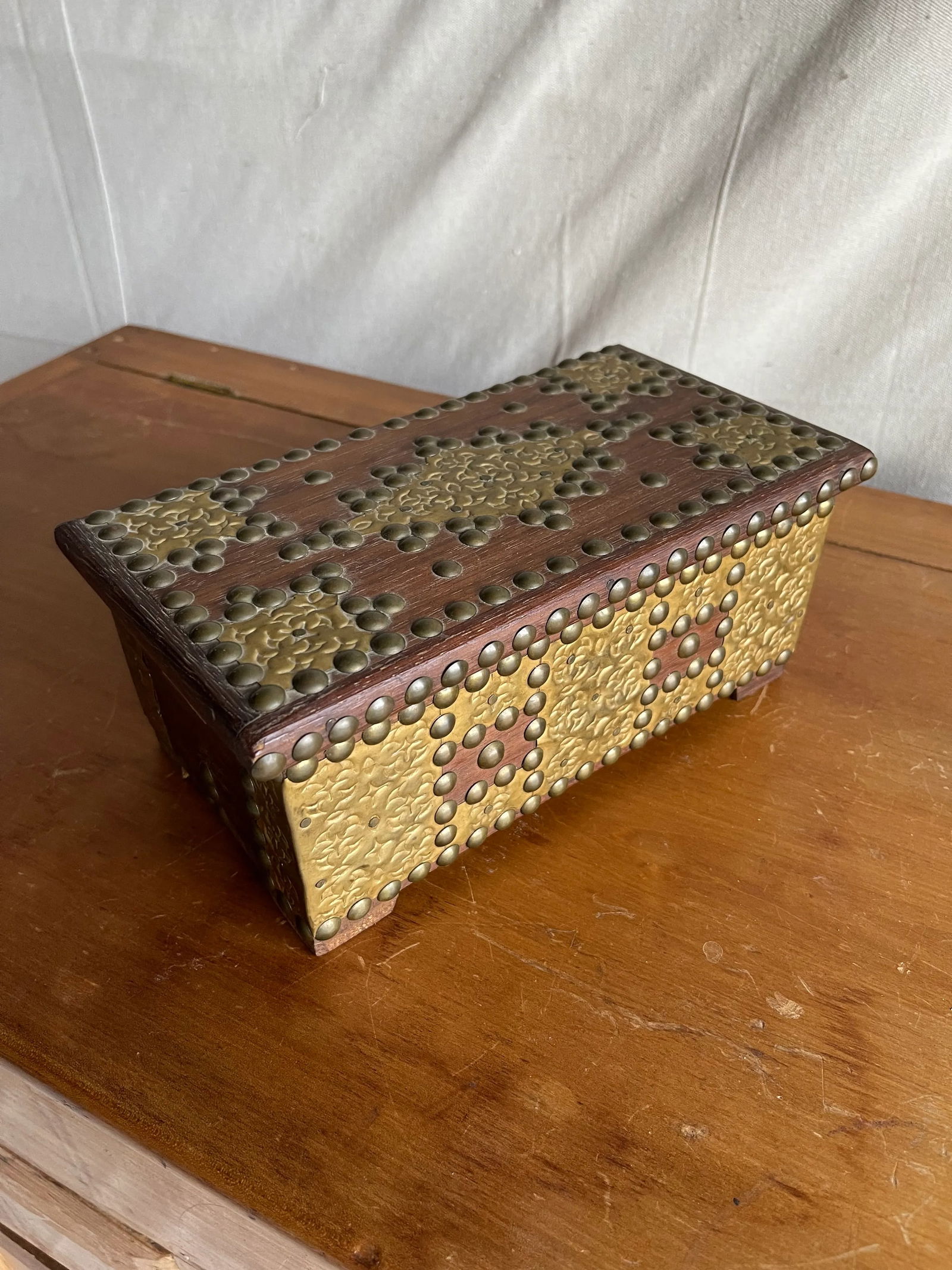 Antique Decorative Brass Studded Small Wooden Box - 2