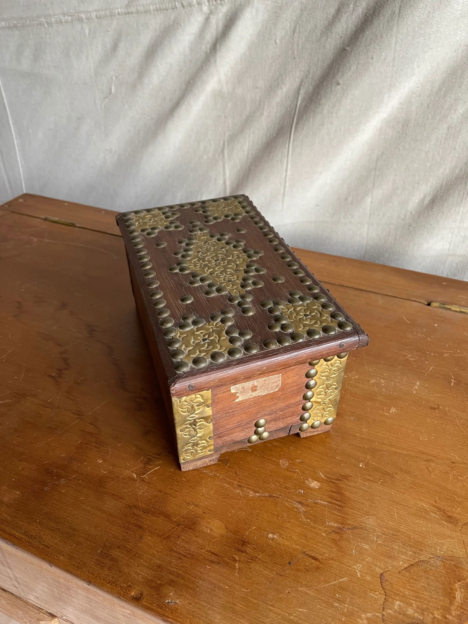 Antique Decorative Brass Studded Small Wooden Box - 6