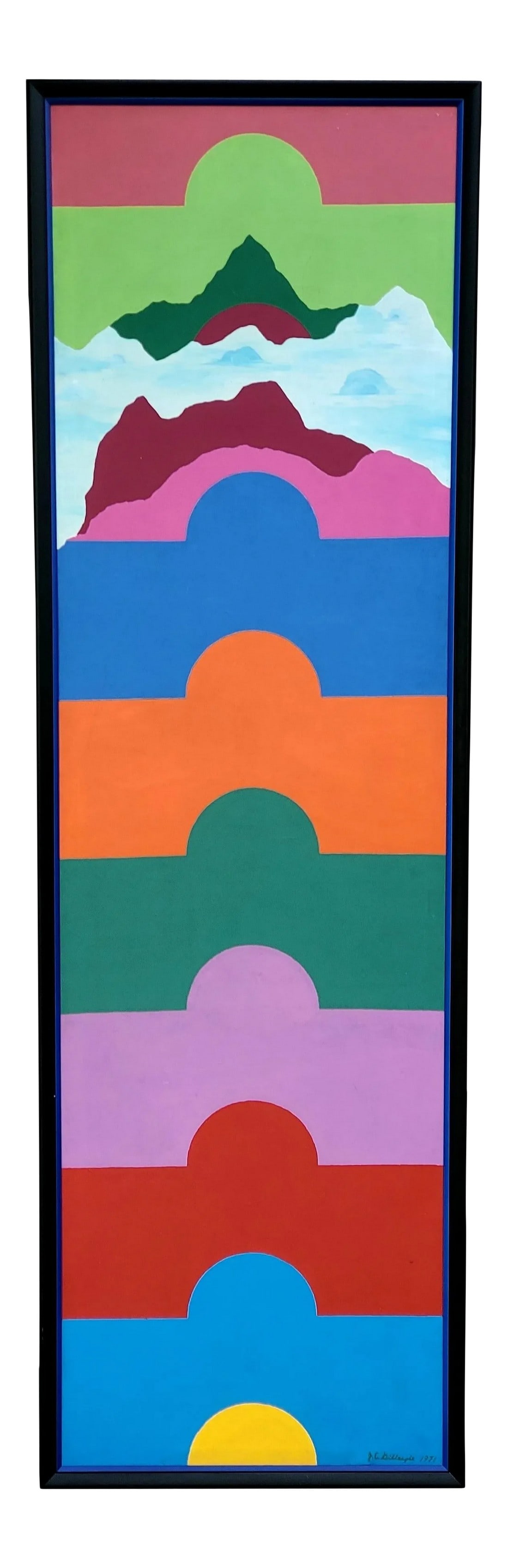 1971 "Rising" Hard Edge Abstract Geometric Oil Painting by J. C. Gillespie, Framed: Rising 1971 Hard Edge Abstract oil on canvas by J.C. Gillespie, Signed and Framed Towering at an impressive 9 feet tall (108" x 32" x 2"), you are going to need high ceilings for this one!! This paint