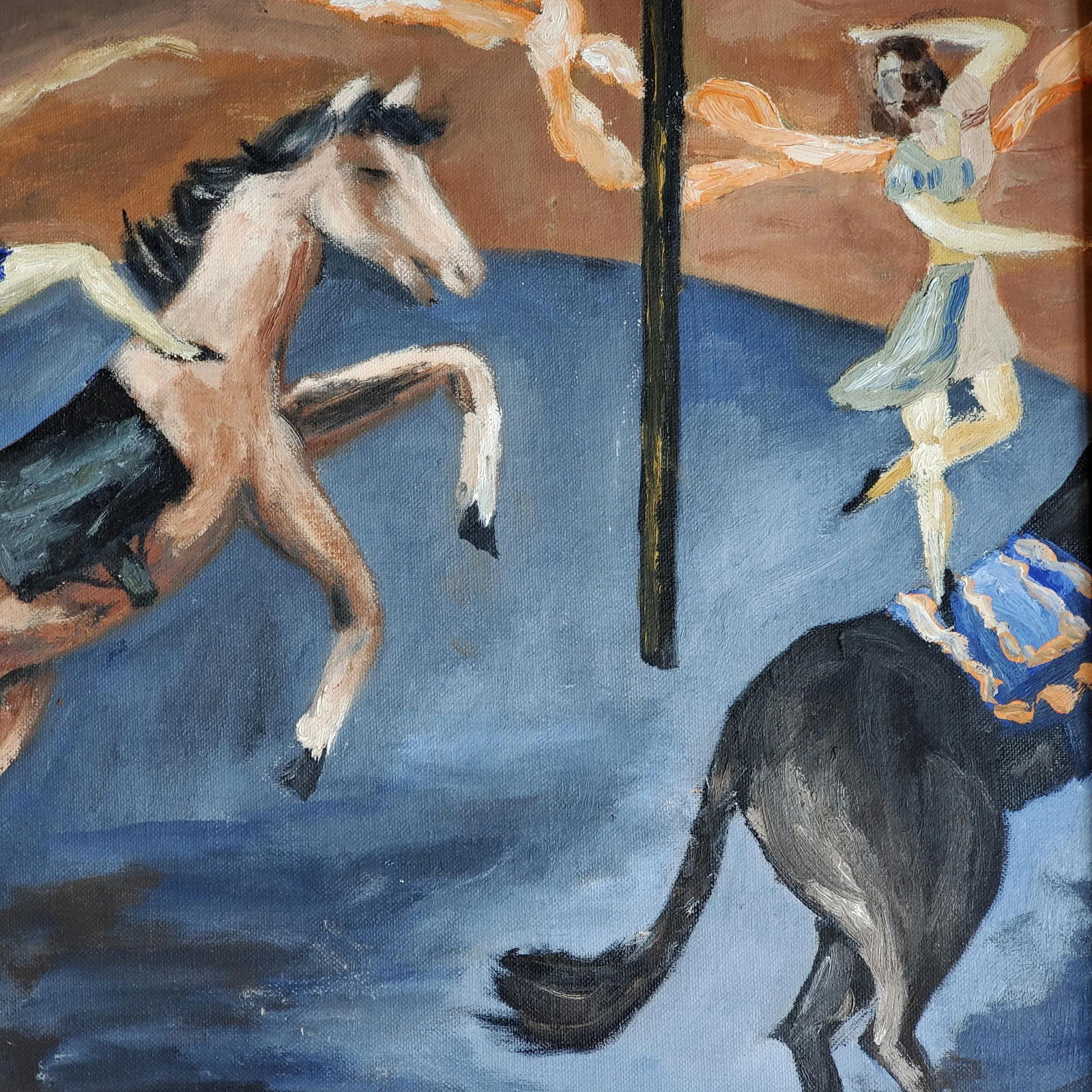 1950s "Blue Bigtop" Circus Acrobat Oil Painting by Anne Woodford, Framed - 7