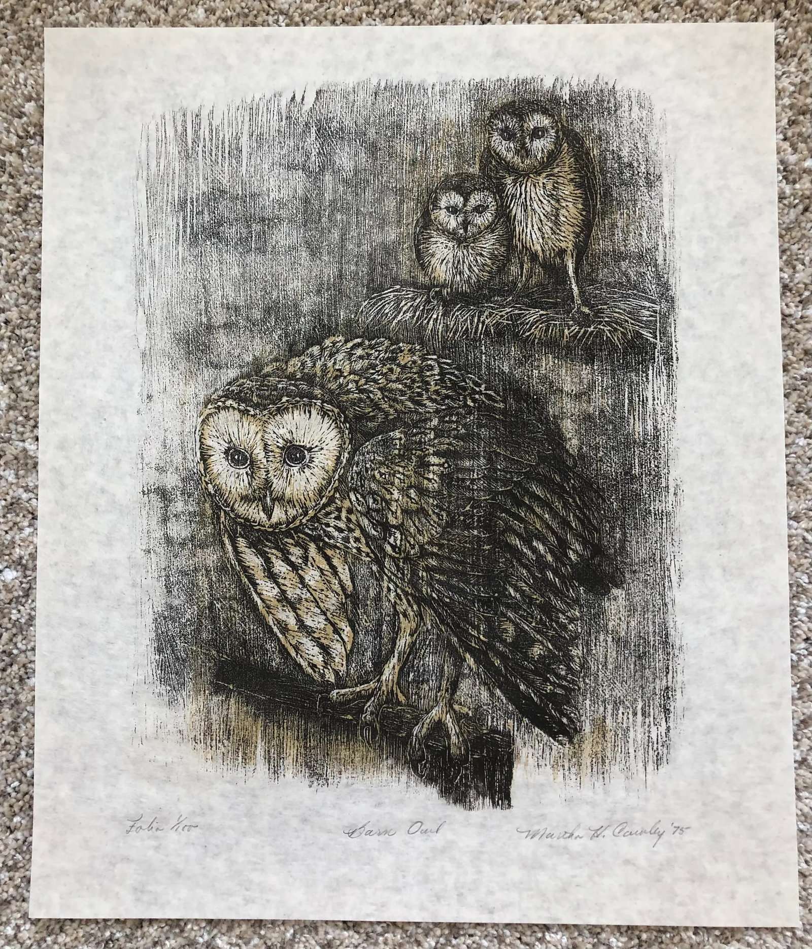 1975 Martha Cawley Woodblock Print, Barn Owls, #1/100 - 6