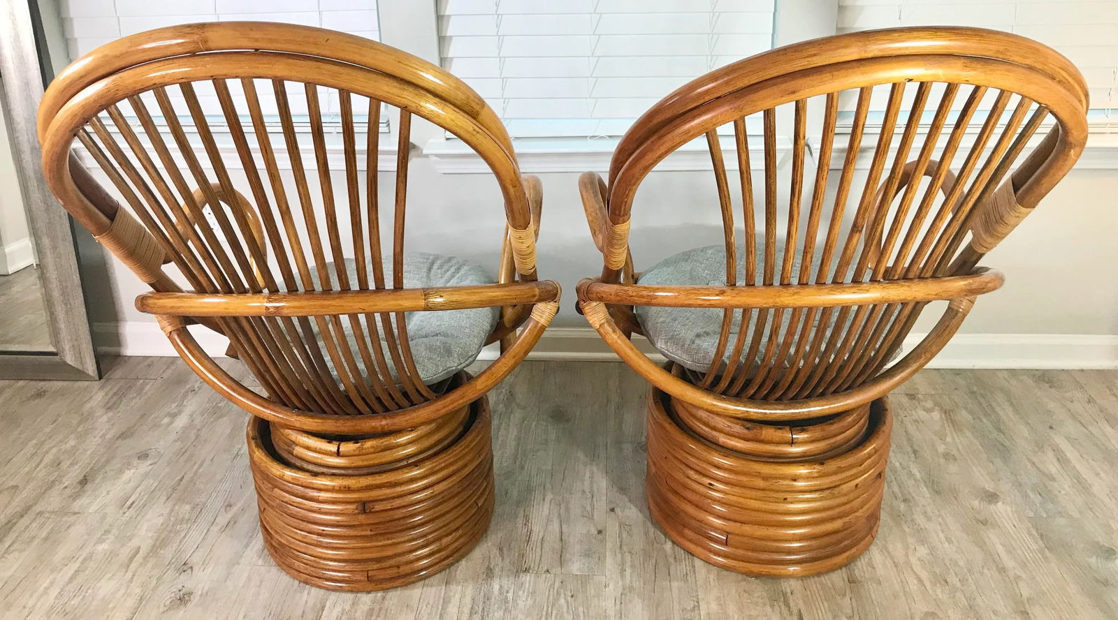 Vintage Paul Frankl Style Bamboo Rattan Swivel Chairs - Set of 2 - 4