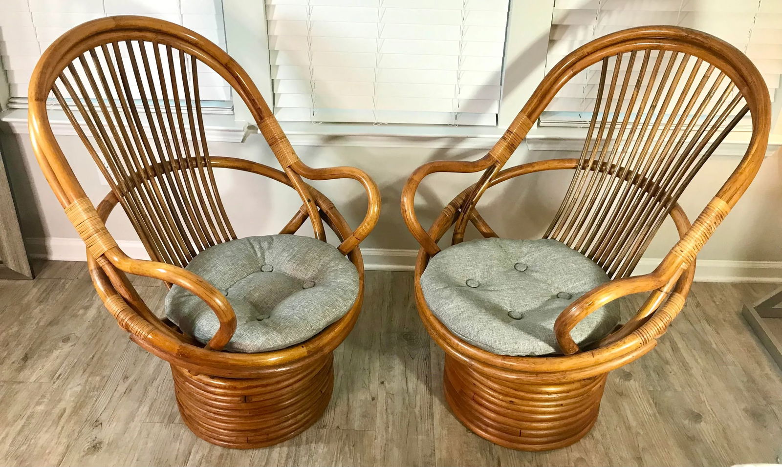 Vintage Paul Frankl Style Bamboo Rattan Swivel Chairs - Set of 2 - 7