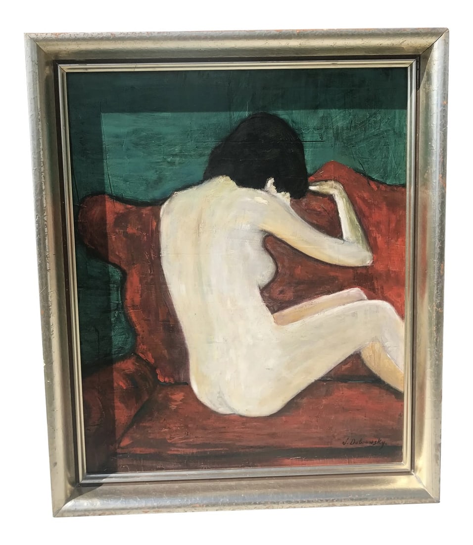 Mid 20th Century Expressionist Style Figurative Female Nude Oil Painting, Framed: Vintage European Mid Century Modern Large Teal Red Abstract Nude Woman Oil Painting- Signed Amazing Vintage Find Wonderful Abstract Mid Century Original Painting Vibrant And Bold Colors Super Cool Abs