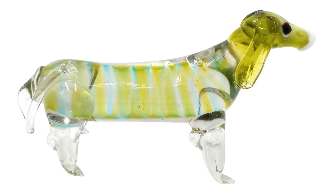 Vintage Art Glass Dachshund Sculpture Green Turquoise Dog Figurine: Vintage Art Glass Dachshund Sculpture Green Turquoise Dog One Of A Kind -Measures about: 8.25" tall x 5" tall x 2.25" -Unsigned -Quirky and cute! -Green colored stripes with hints of a turquoise shade