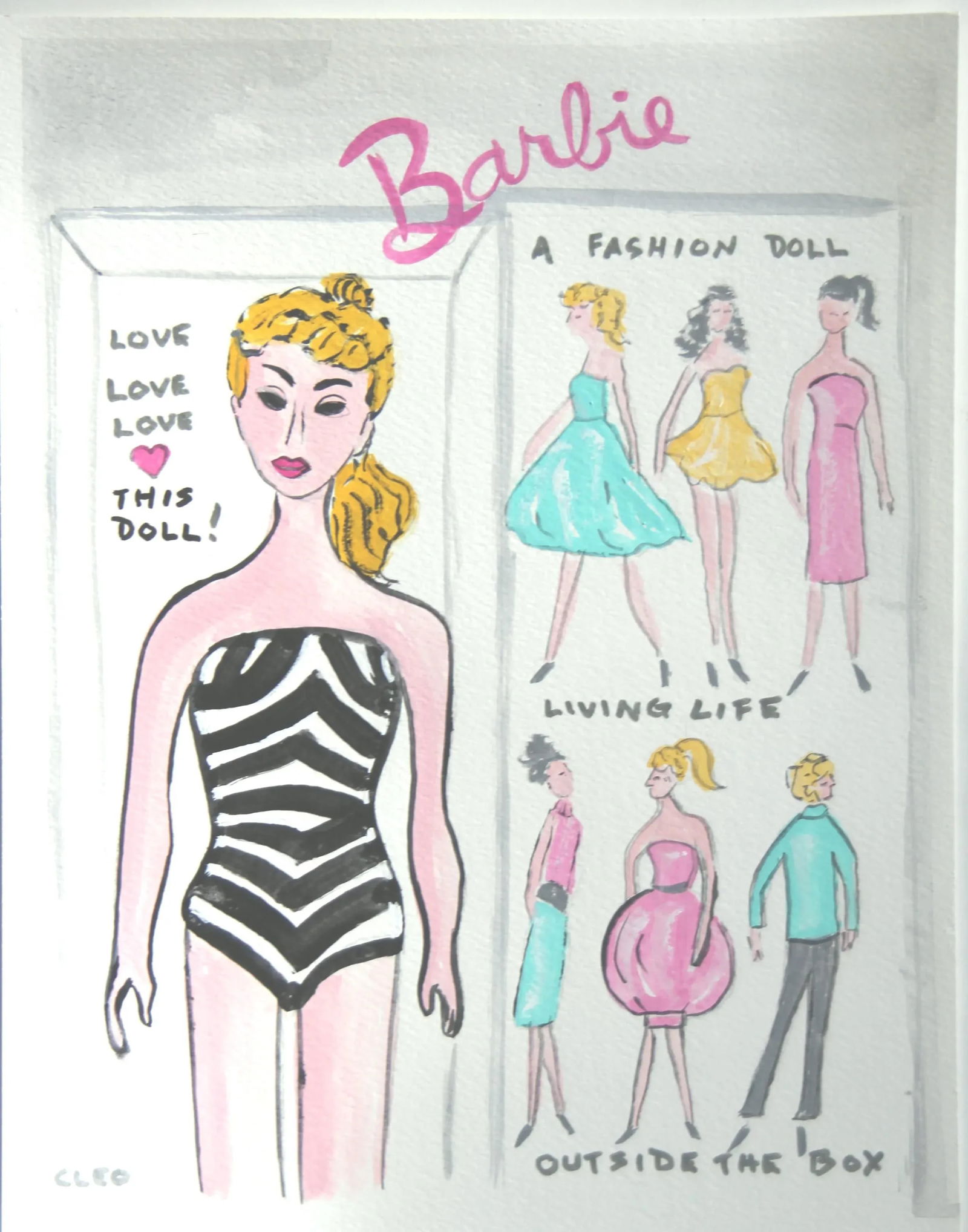 Swimsuit Barbie Pop Art White Black Pink Aqua Original Painting by Cleo Plowden - 2