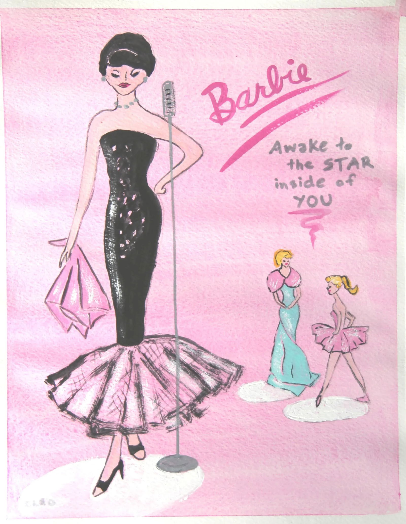 Swimsuit Barbie Pop Art White Black Pink Aqua Original Painting by Cleo Plowden - 3