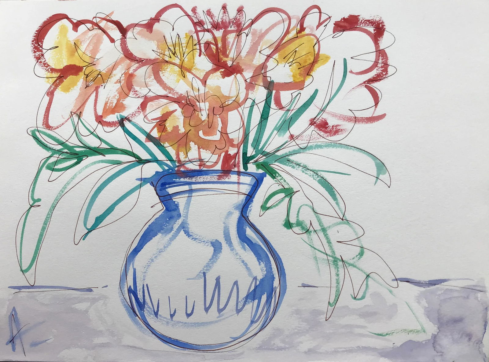 "Blue Vase" Contemporary Expressionistic Still Life Watercolor Painting on Paper by CL Auker - 3