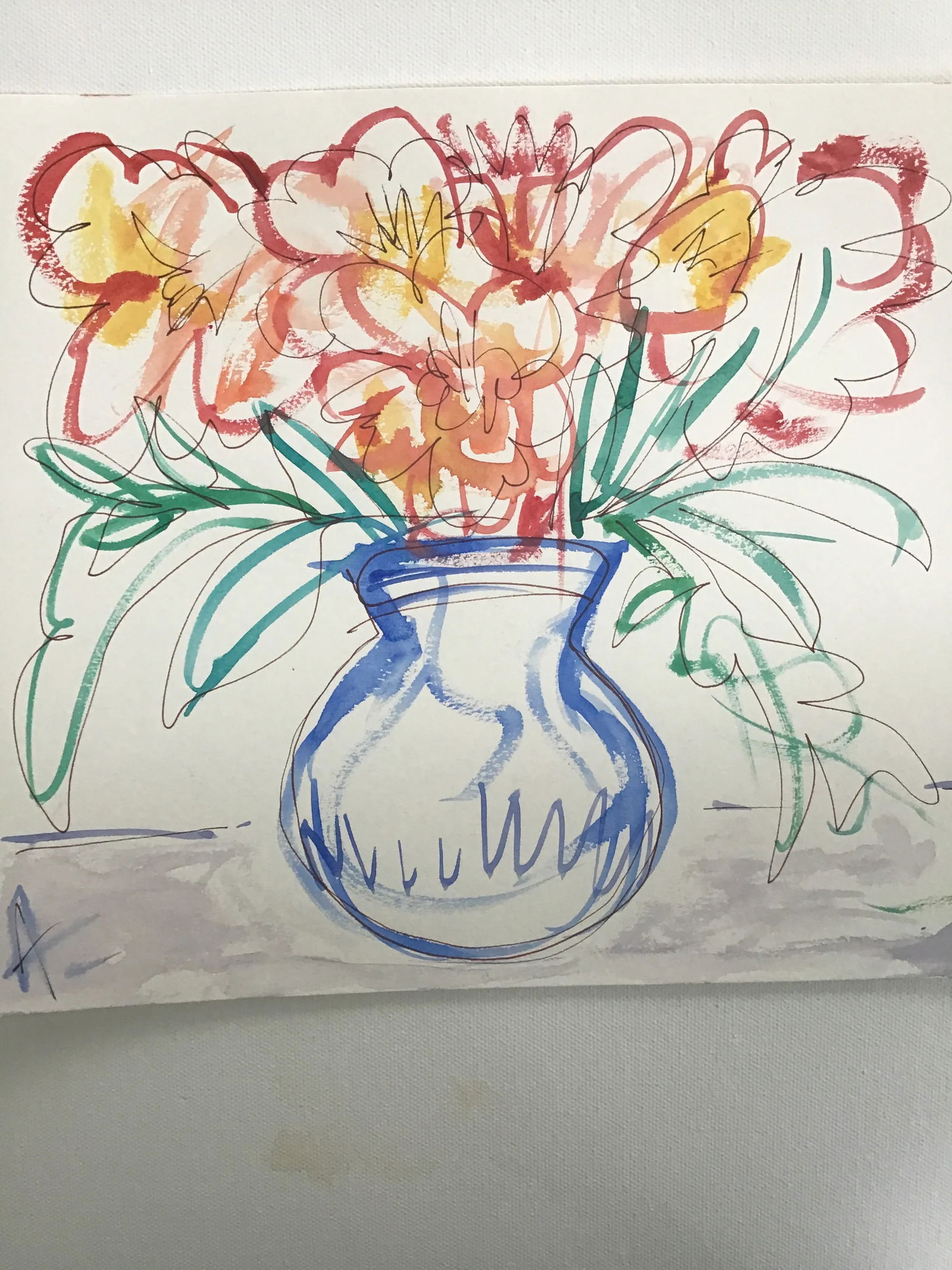 "Blue Vase" Contemporary Expressionistic Still Life Watercolor Painting on Paper by CL Auker - 4