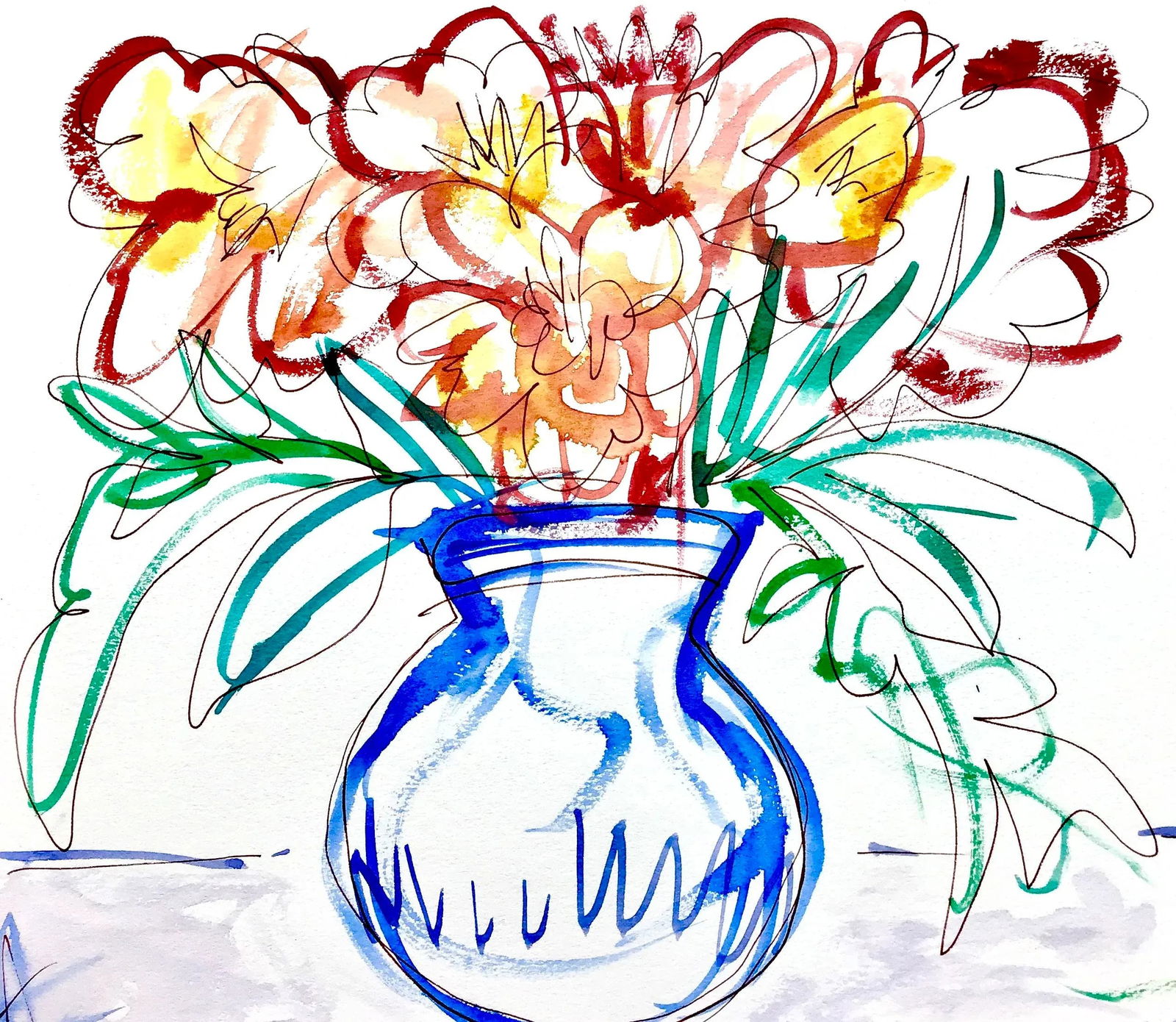 "Blue Vase" Contemporary Expressionistic Still Life Watercolor Painting on Paper by CL Auker - 5