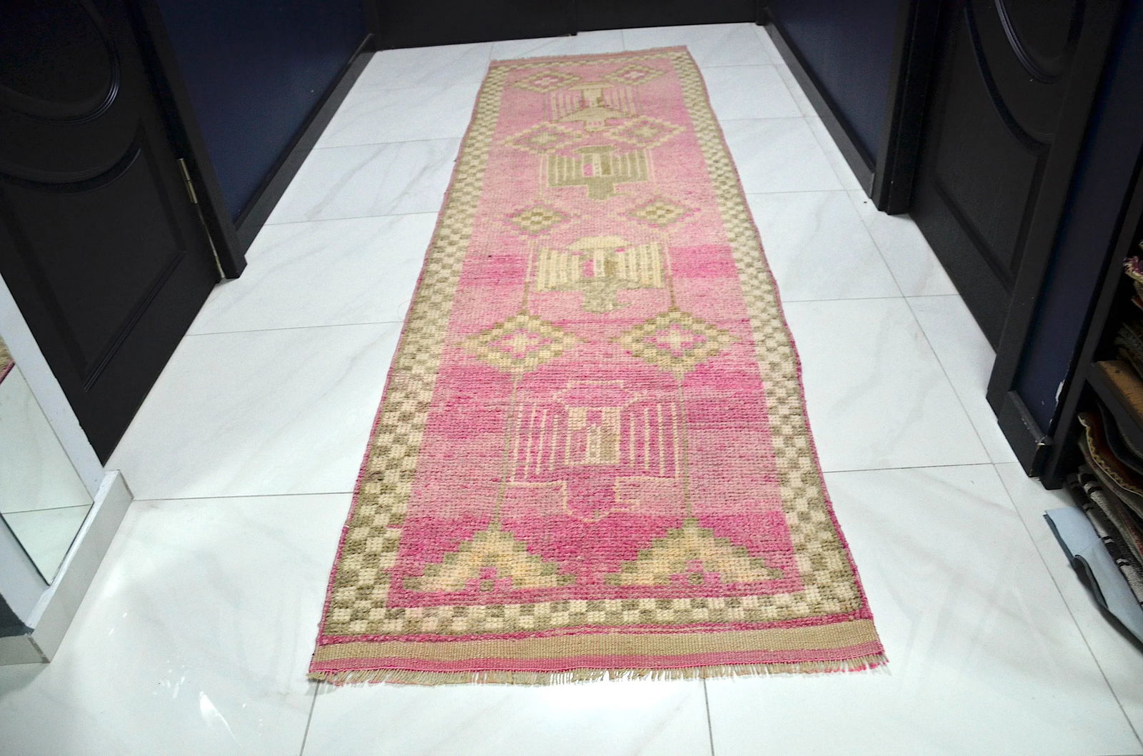 Vintage Pink Color Corridor Handmade Wool Runner - 3
