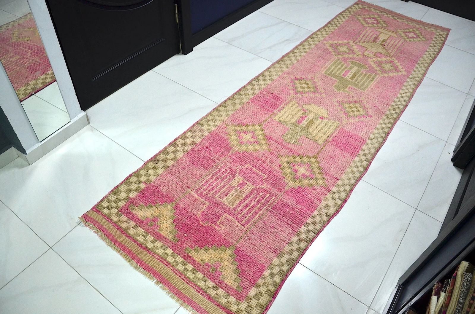 Vintage Pink Color Corridor Handmade Wool Runner - 4