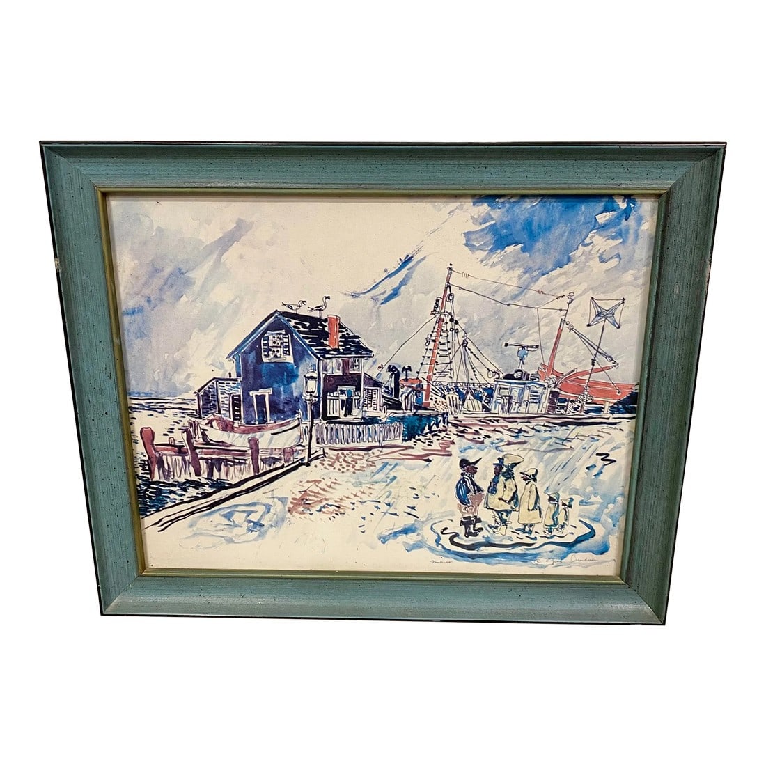 Vintage New England Nautical Harbor Scene Watercolor Painting, Framed (1 of 5)