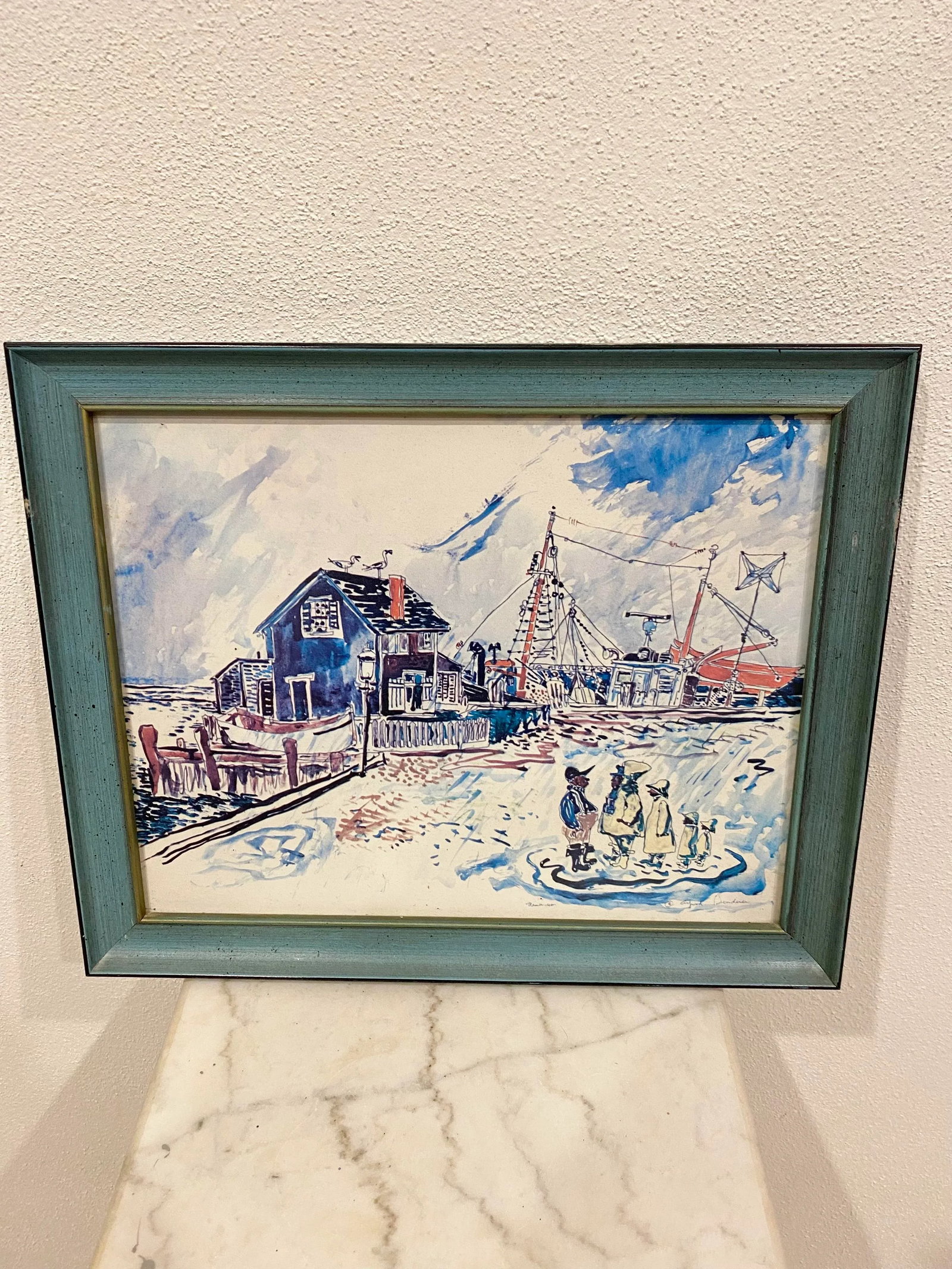 Vintage New England Nautical Harbor Scene Watercolor Painting, Framed - 5