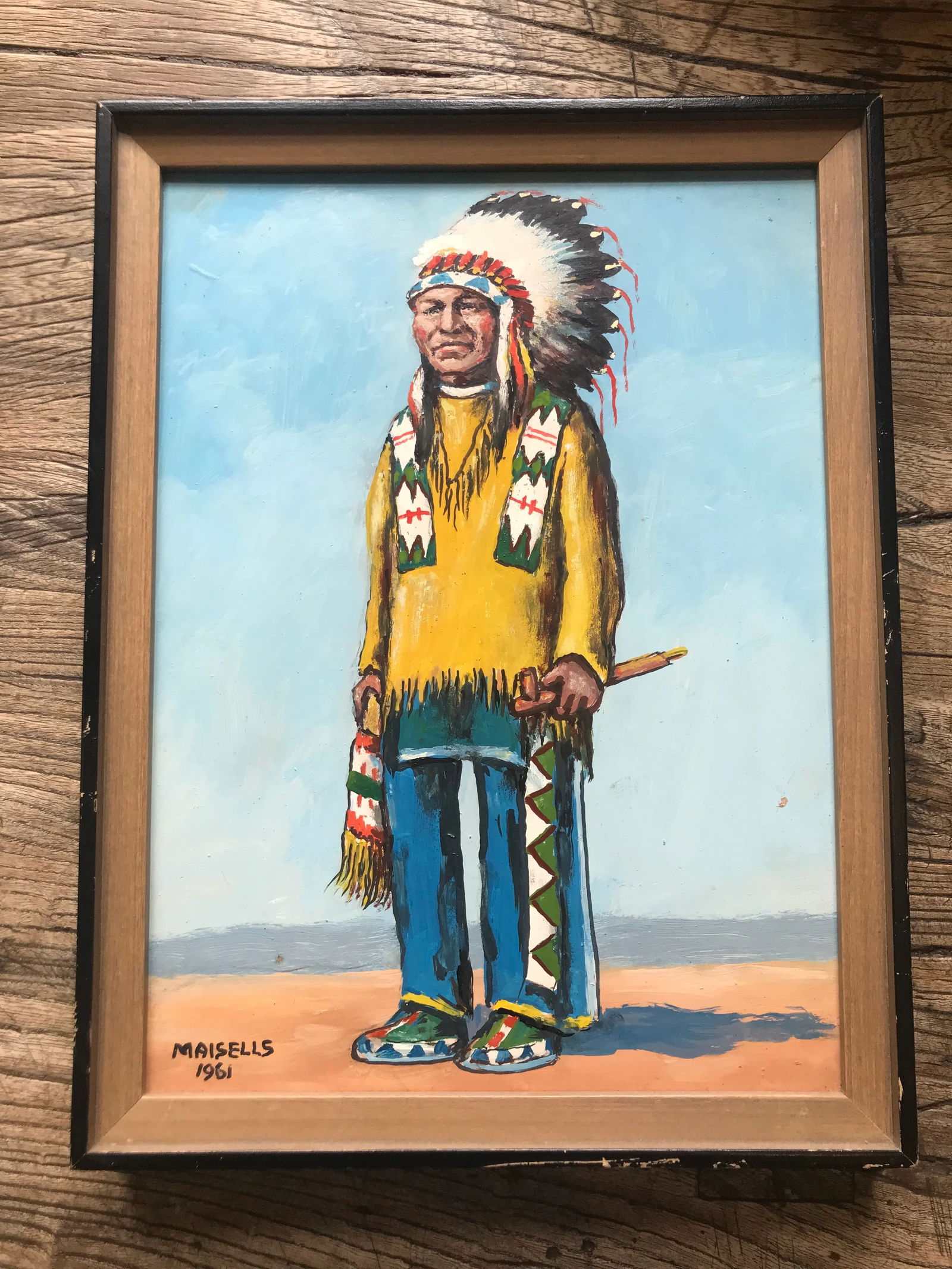 Vintage 1961 Oil Painting on Board Native American Portrait - 4