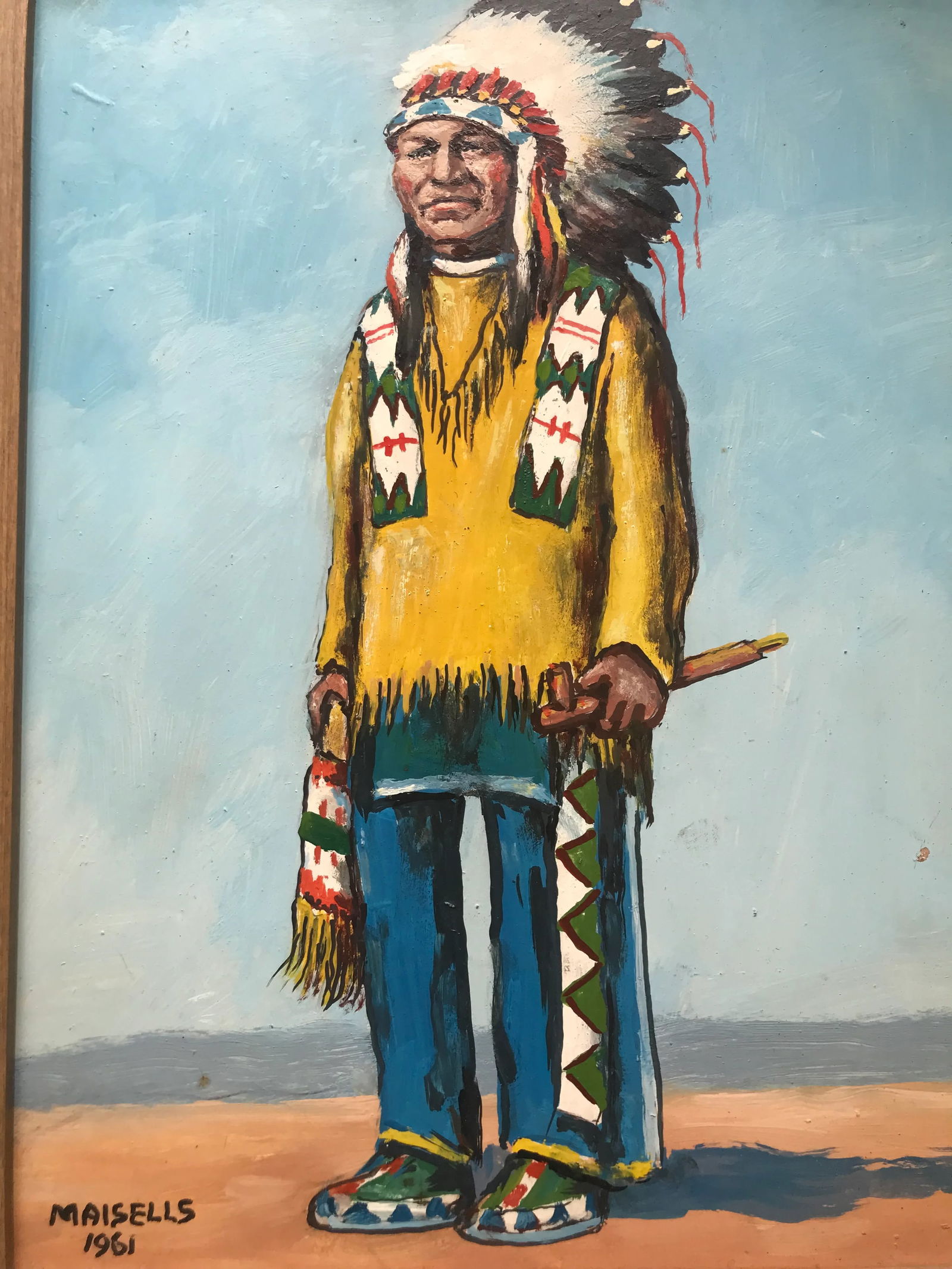 Vintage 1961 Oil Painting on Board Native American Portrait - 5