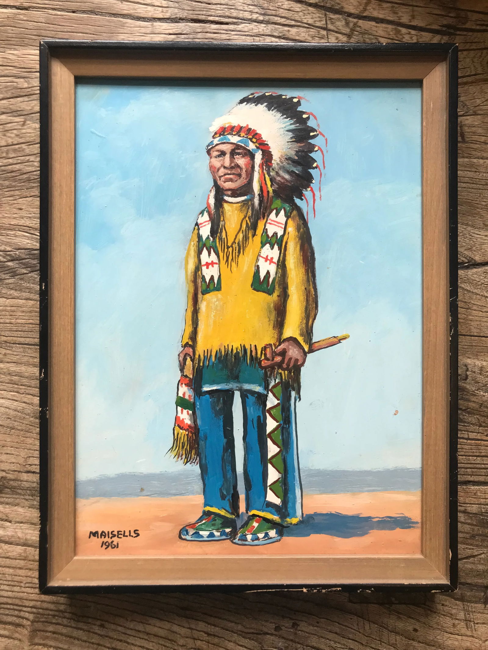 Vintage 1961 Oil Painting on Board Native American Portrait - 7