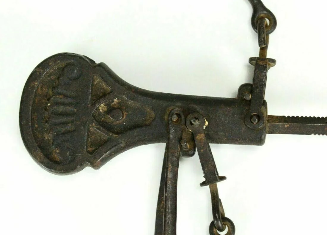 1800's Cast Iron Hanging Balance Beam Scale 3 Hooks Original Counterweight - 6