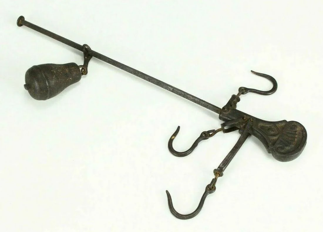 1800's Cast Iron Hanging Balance Beam Scale 3 Hooks Original Counterweight - 7