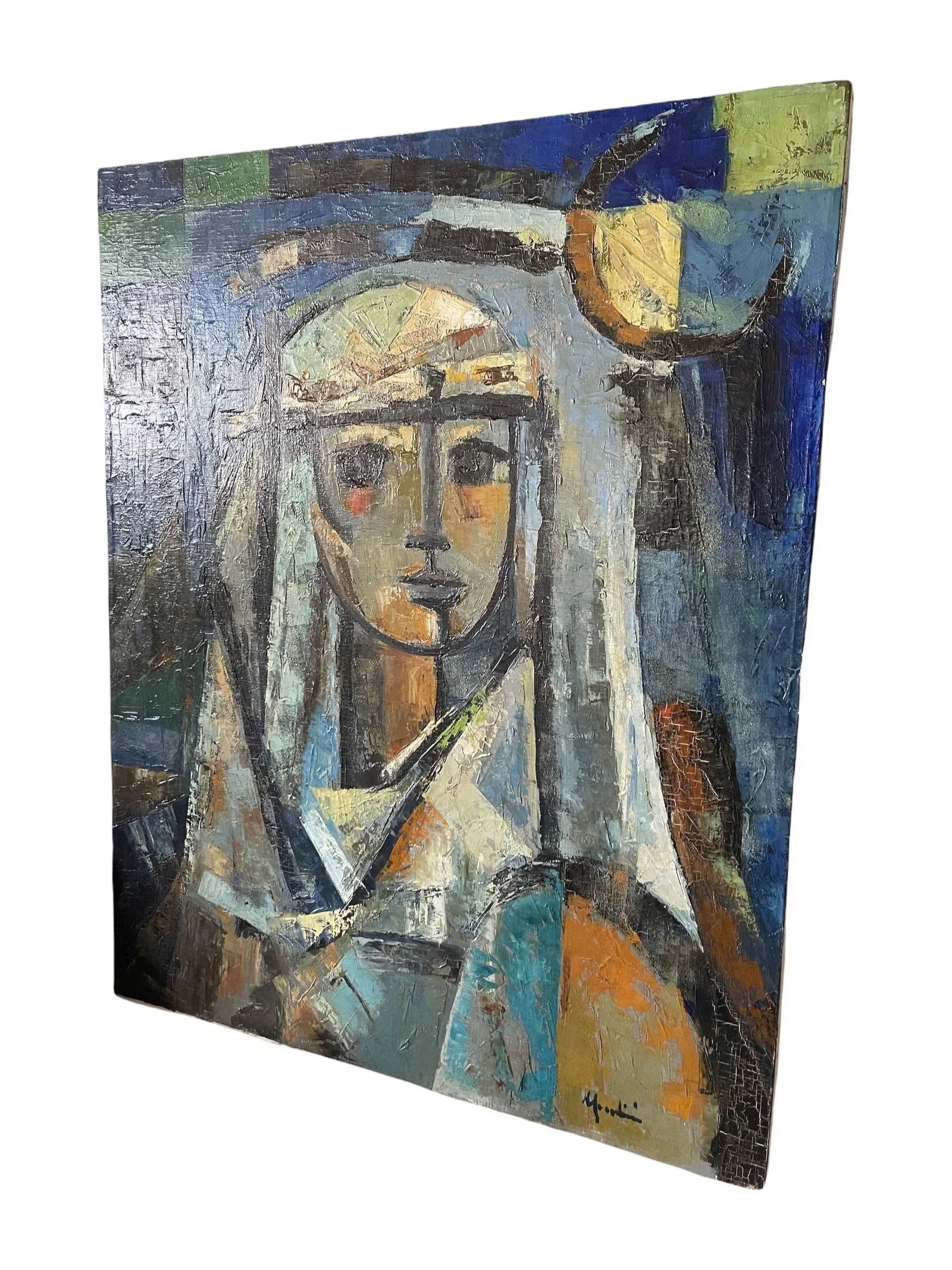 Mid 20th Century Original Cubist Portrait Oil Painting of a Woman in a Veil - 3