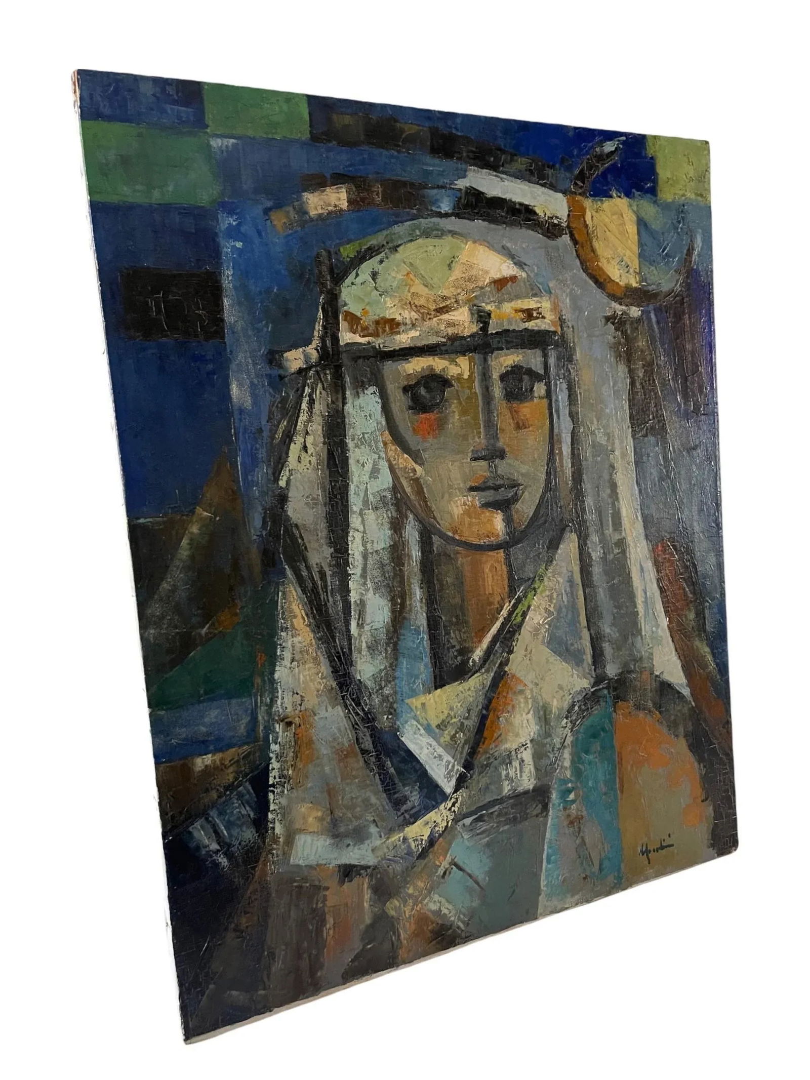 Mid 20th Century Original Cubist Portrait Oil Painting of a Woman in a Veil - 4