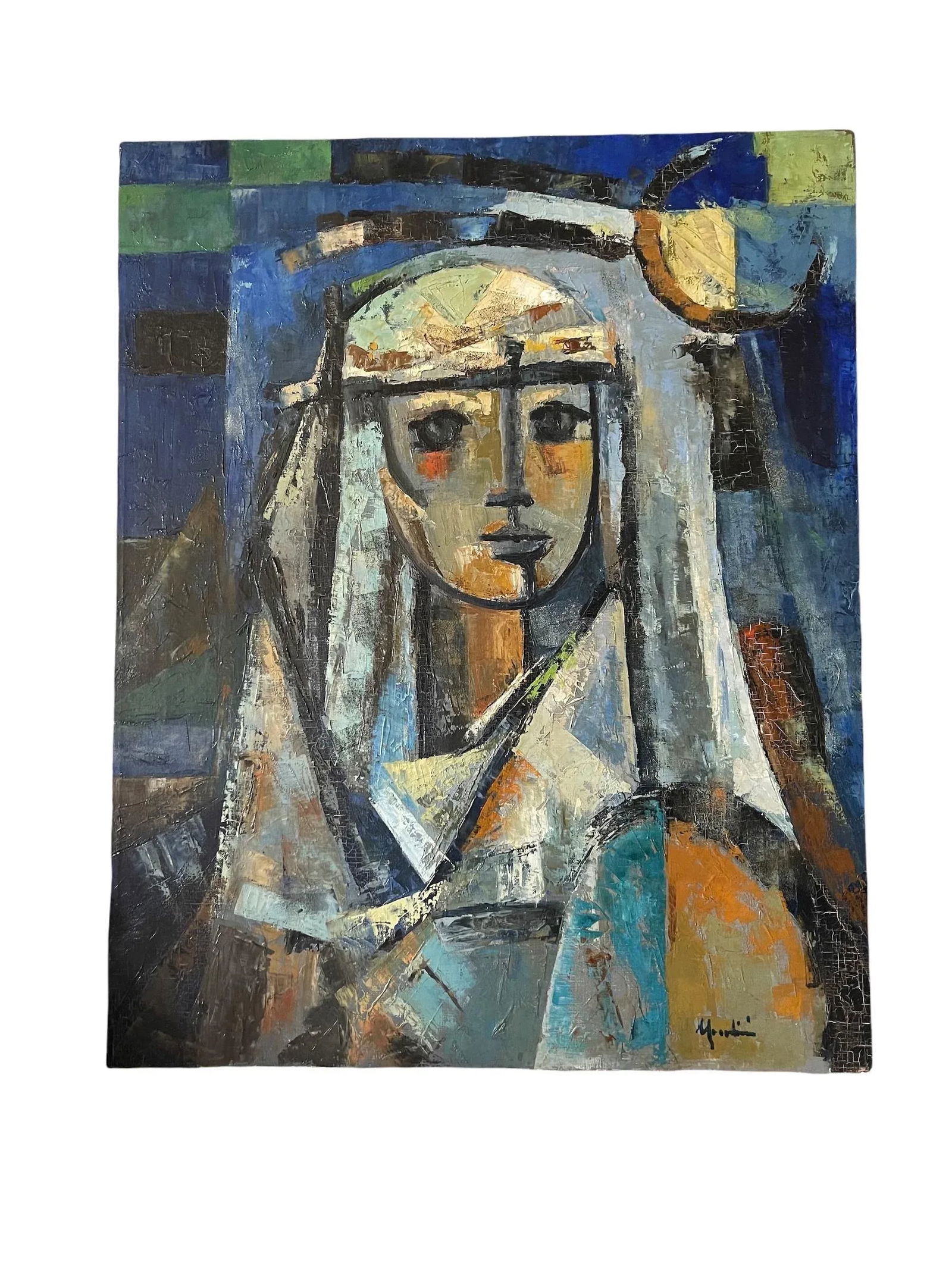 Mid 20th Century Original Cubist Portrait Oil Painting of a Woman in a Veil - 7
