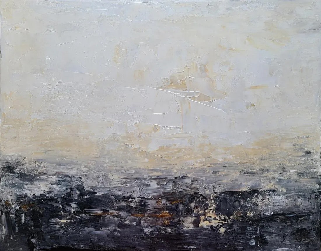 Contemporary Black and White Neutral Original Abstract Acrylic Painting, Art Kr Moehr: MIDNIGHT SIZZLE is an original abstract painting (landscape style) created with acrylics on stretched/back-stapled canvas. Sides finished and artwork is ready to hang (hanging hardware already affixed