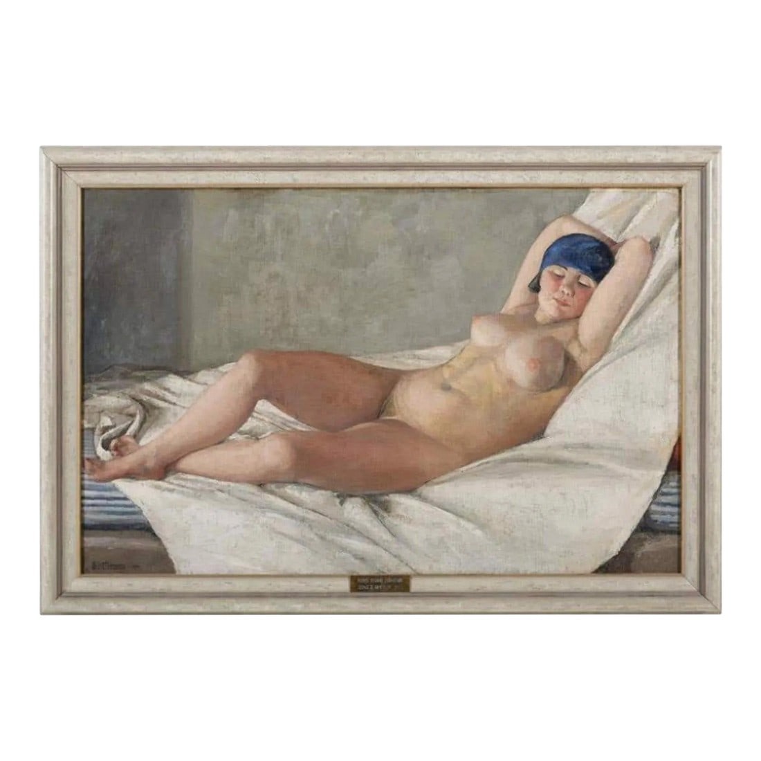 1920s "Woman Sleeping" Nude Portrait Oil Painting by Serge Henry Moreau, Framed: This remarkable nude from 1924 just stops you in its tracks. In some respects neo-classical (think Manet's Odalisque), it is also distinctly Modernist, with simple volumes of form reminiscent of some