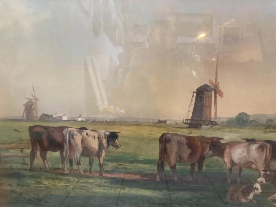 Early 20th Century "Cattle With Windmills" Landscape Watercolor Painting, Framed - 3
