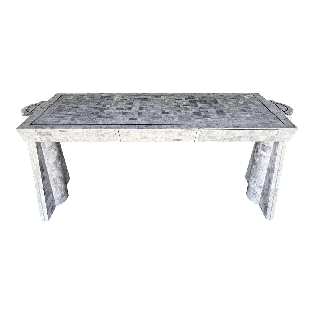 Vintage Sculptural Tessellated Marble Desk: Jaw dropping tessellated marble, sculptural writing desk. This piece is made up of a purple/gray hue tessellated solid marble, with chrome inlay. Sophisticated unique shape, sure to draw attention in