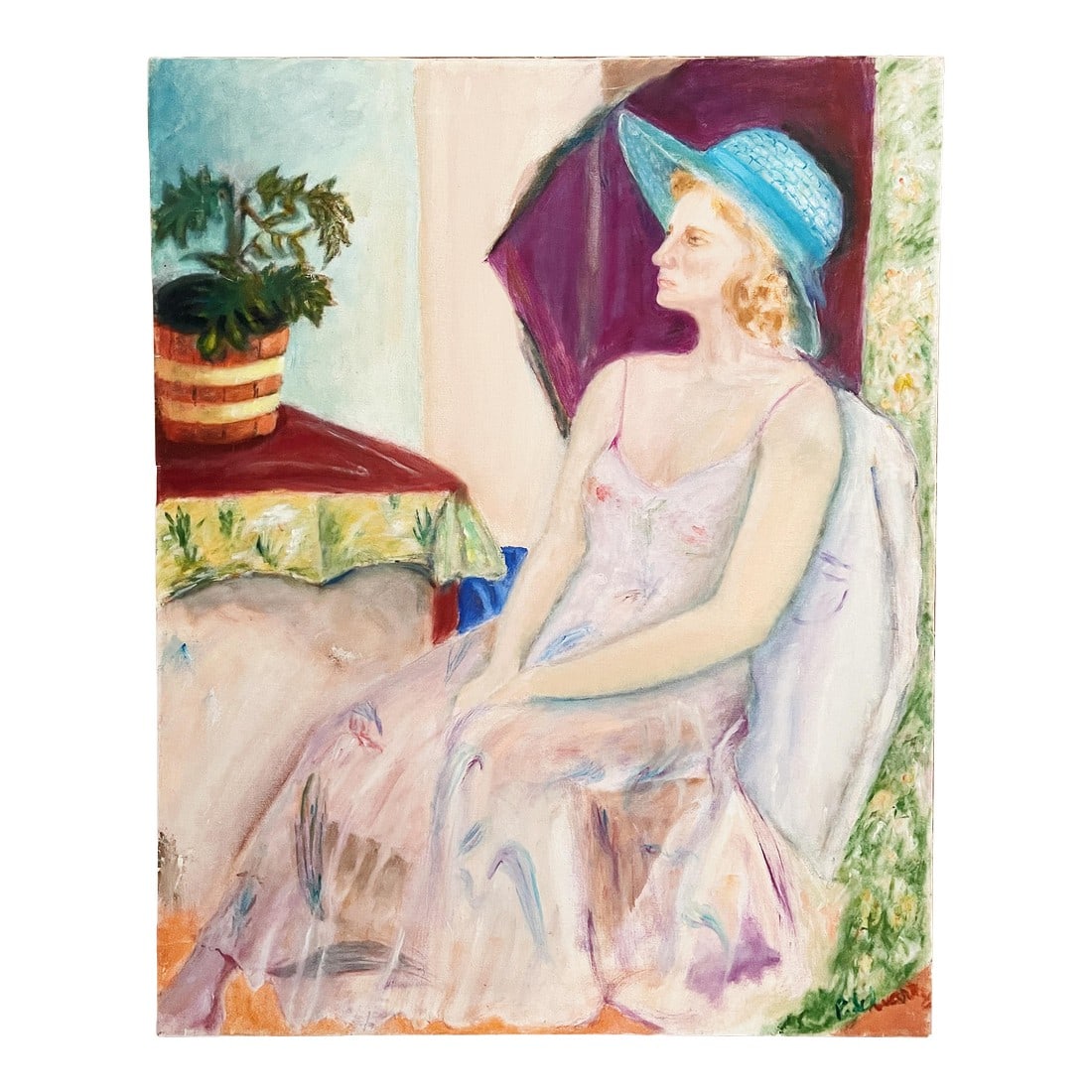 Vintage Portrait Painting of Woman Wearing a Floral Dress and Blue Hat: Signed Midcentury Original Vintage colorful Portrait Painting of woman in floral dress Artist unknown/signature unclear Hand Wrapped canvas Condition: Alterations: Original Condition Unaltered Imperfe