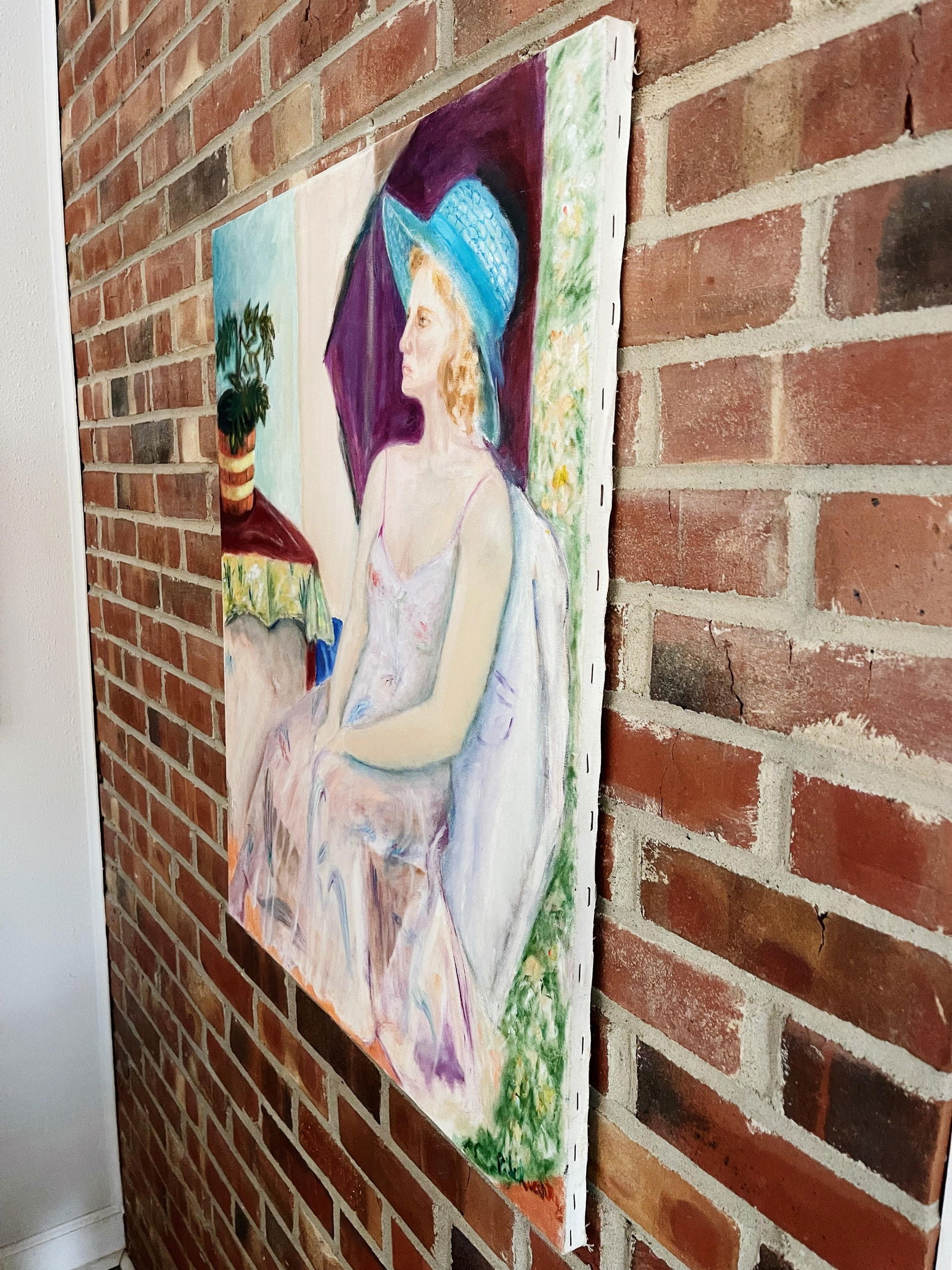 Vintage Portrait Painting of Woman Wearing a Floral Dress and Blue Hat - 2